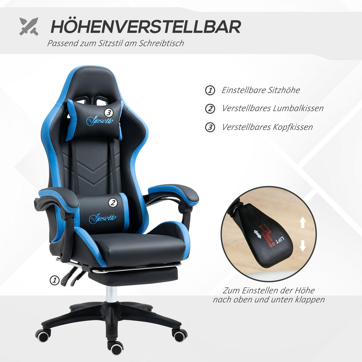 GAMING Stuhl, Kunstleder, Schwarz+Blau - Multicolor, Leder (65/129/65cm) - Vinsetto