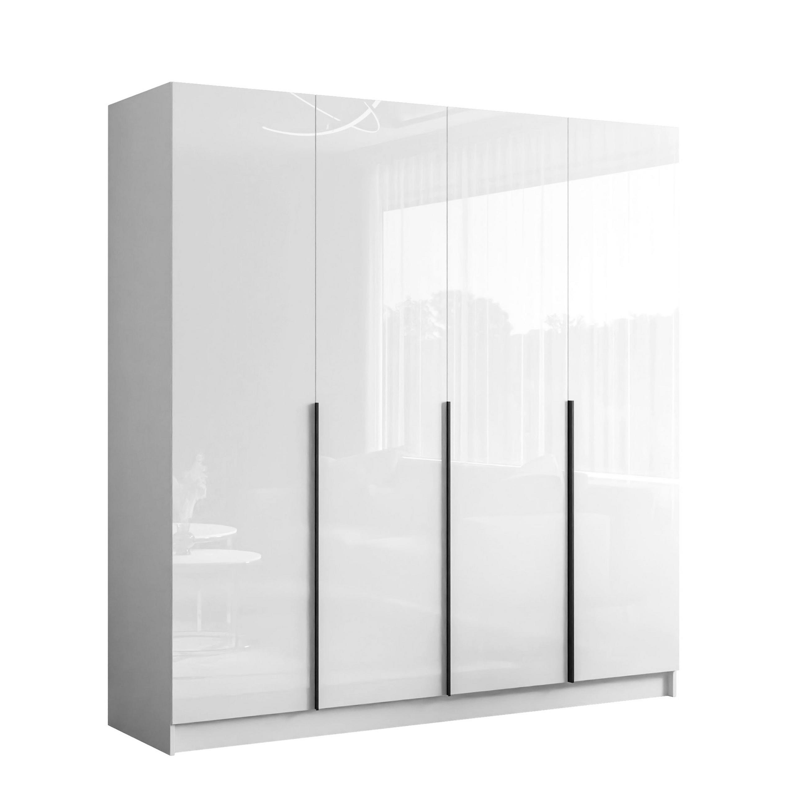 KLEIDERSCHRANK AUREL 4D mit schwarzen Griffen - Weiß Hochglanz/Schwarz, Holzwerkstoff (200/200/57cm) - Lookway