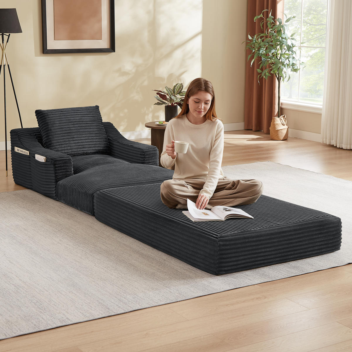 SOFA Cord Dunkelgrau ausklappbar - Dunkelgrau, Textil (100/68/162cm) - WISHDOR