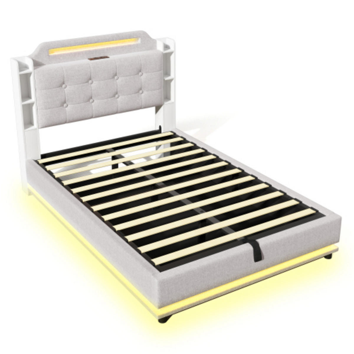 POLSTERBETT 140 × 200 cm mit Leinenbezug, LED-Lichtleisten, Hydraulikstauraum und USB-C Schnellladestation, beige - Beige, Textil (140/200cm) - Luhomfu