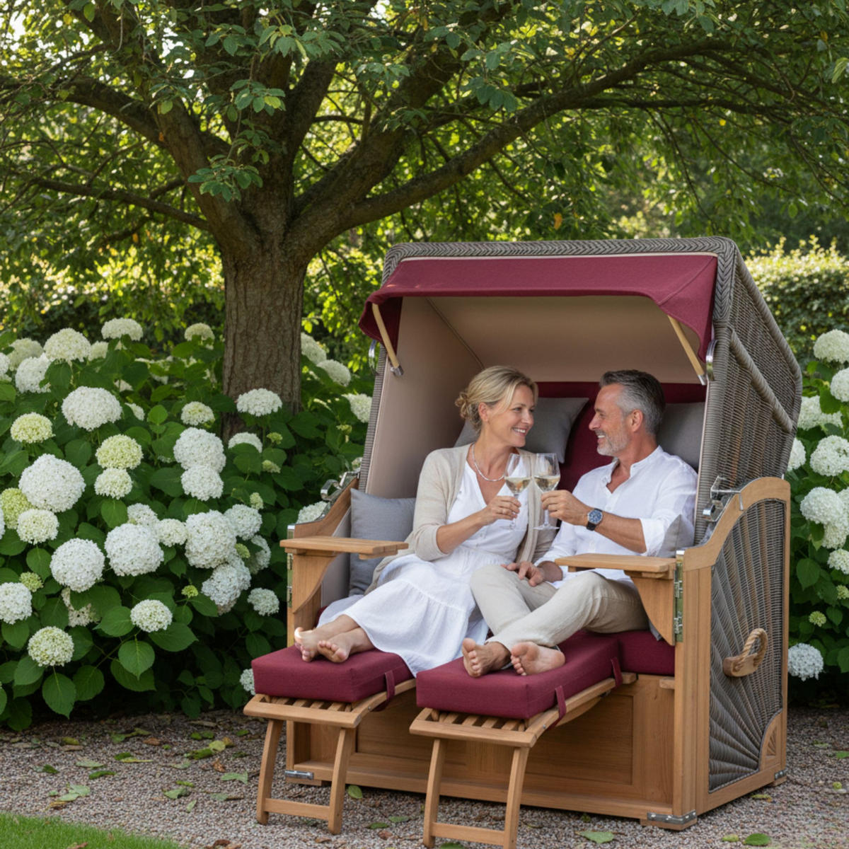 STRANDKORB SEEBLICK 2 Sitzer Teak - Rot/Braun, Metall (125/170/80cm) - Mr. Deko