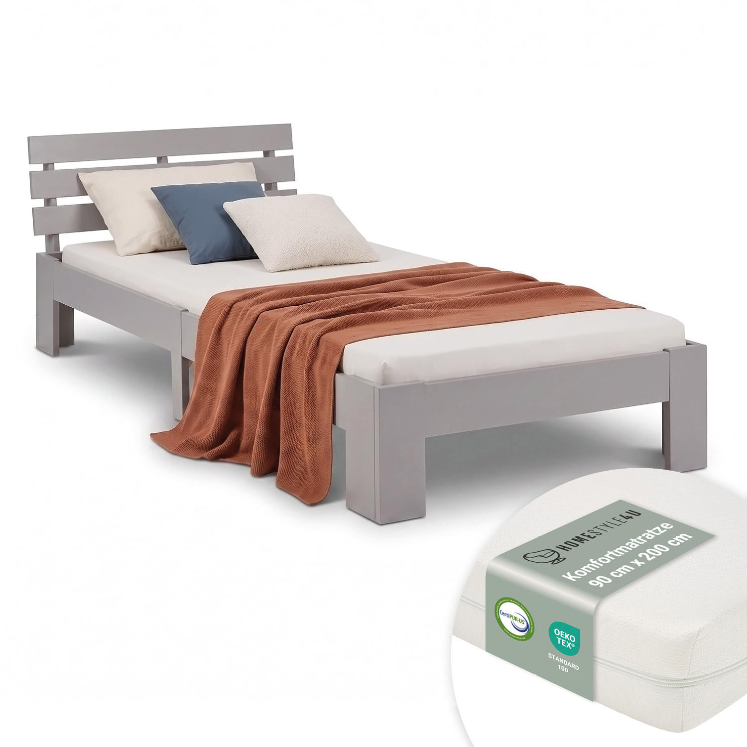 HOLZBETT mit Matratze 90/200 cm Jugendbett Grau - Grau, Holz (90/200cm) - Homestyle4u