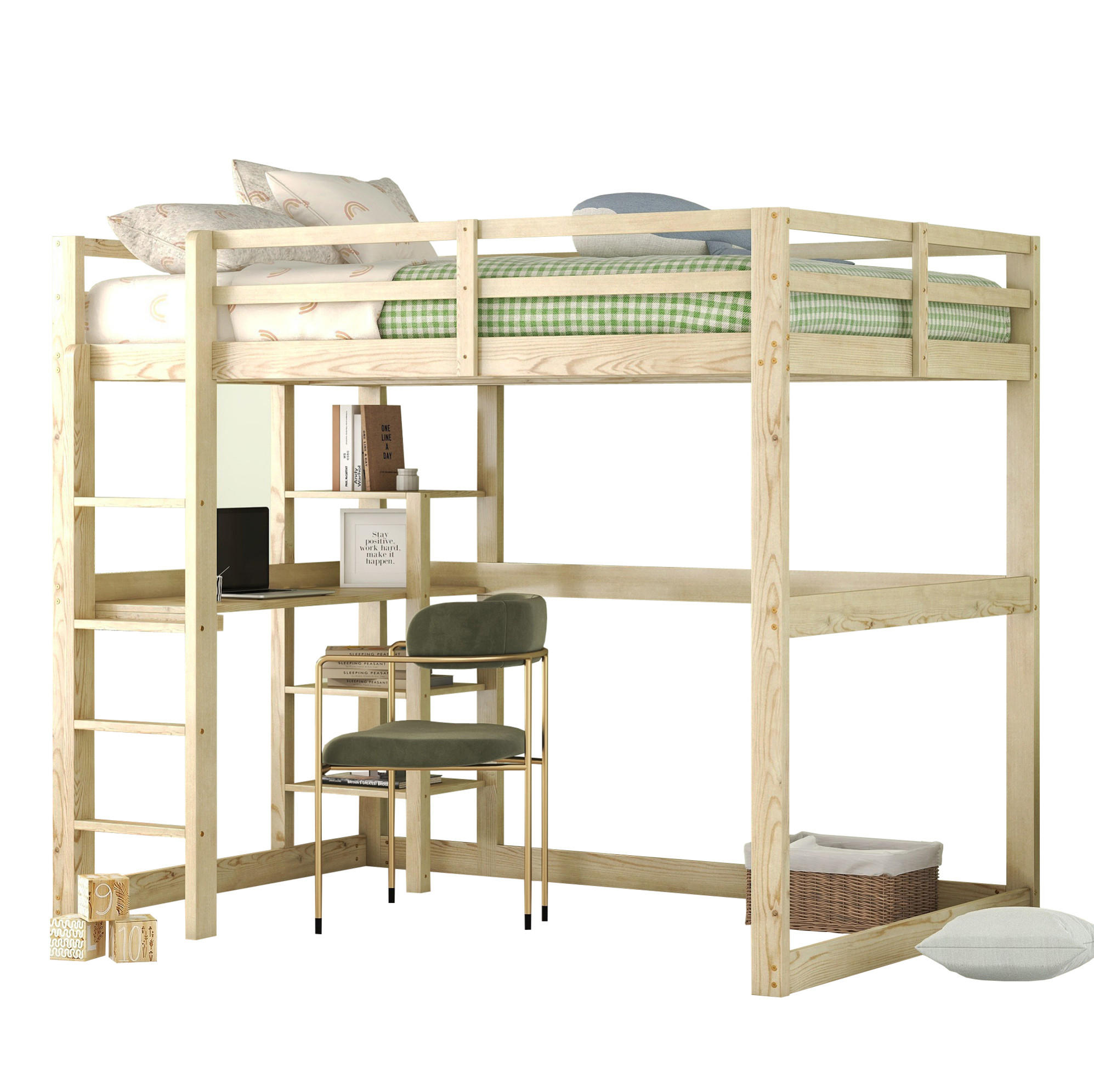HOCHBETT 140/200 cm aus Kiefernholz mit Schreibtisch und 4 Ablagefächern Natur - Naturfarben, Holz (140/200cm) - Modenvie