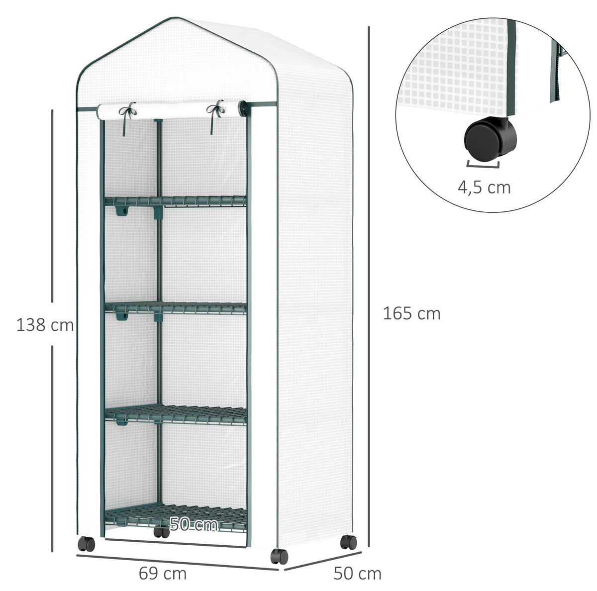GEWÄCHSHAUS aus Stahl 69x50x165 cm in Weiß mit Rolltür & 4 Regalböden - Weiß, Metall (50/165/69cm) - Modfu