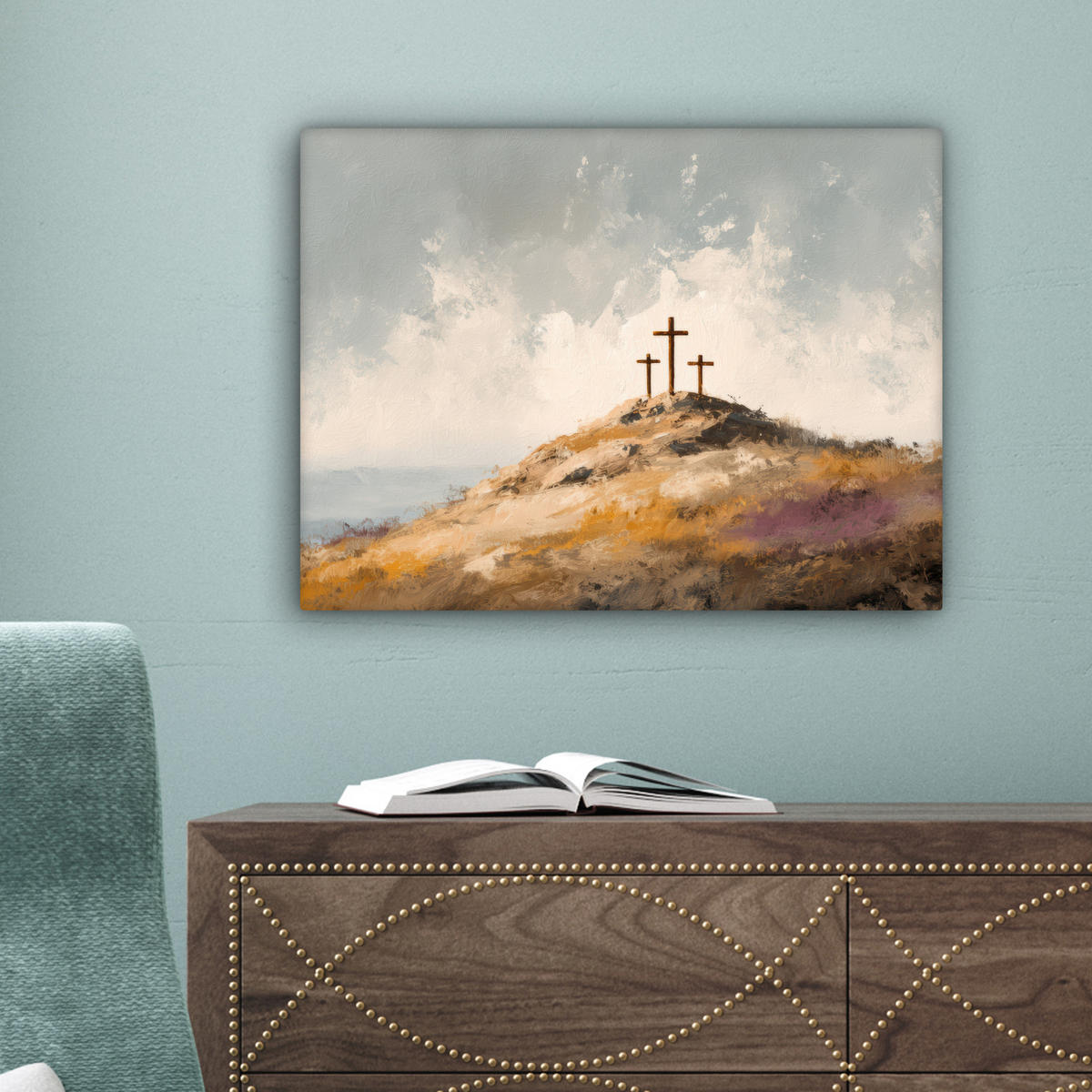 LEINWANDBILD Hügel - Abstrakt - Christentum - Kreuz Wandbild 40x30 cm - Hellgrau, Textil (40/30cm) - MuchoWow