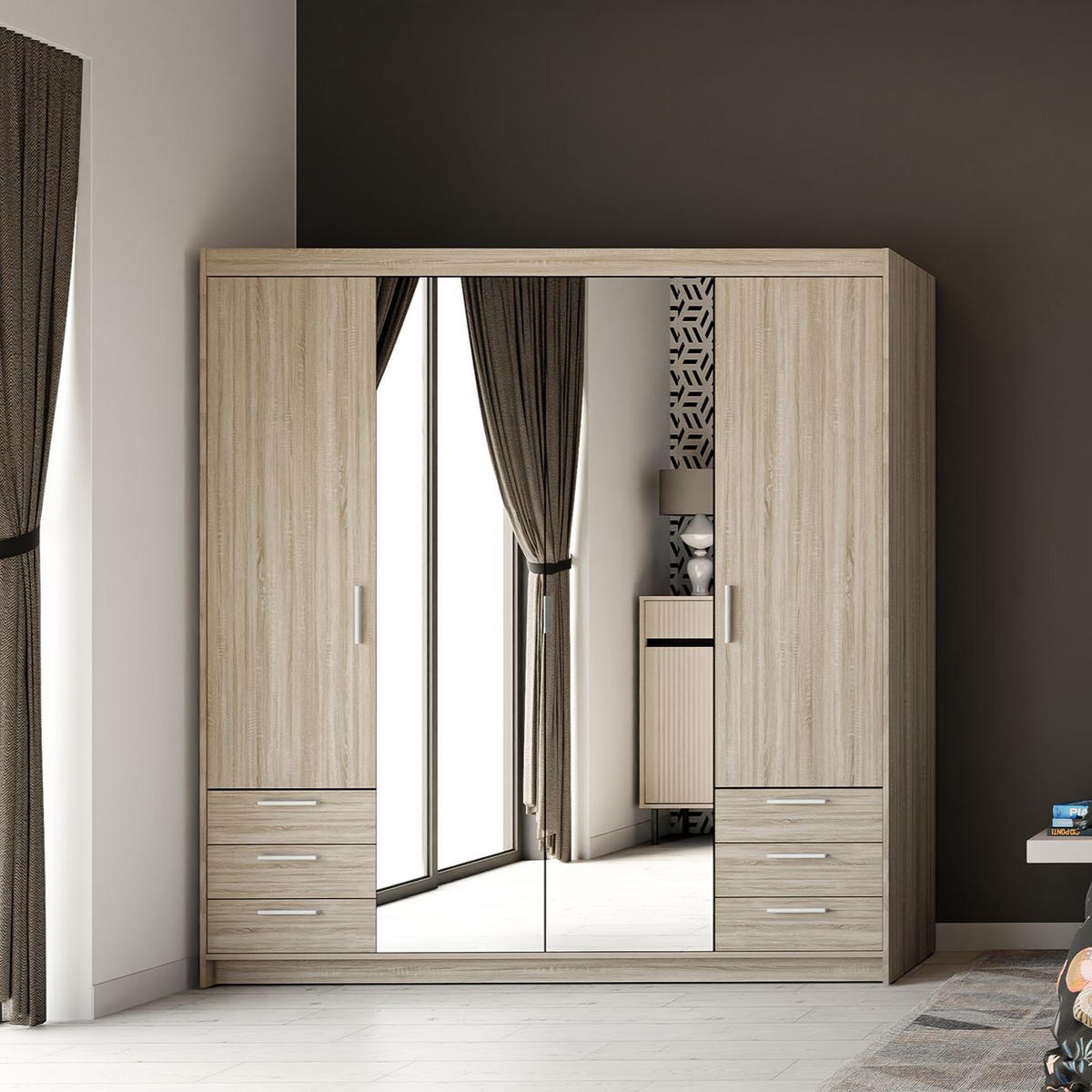 DREHTÜRENSCHRANK ELENORA 176,3/190,5/53cm 4-türig mit Spiegel Sonoma Eiche - Sonoma Eiche, Holzwerkstoff (176.3/190.5/53cm) - MASSENO