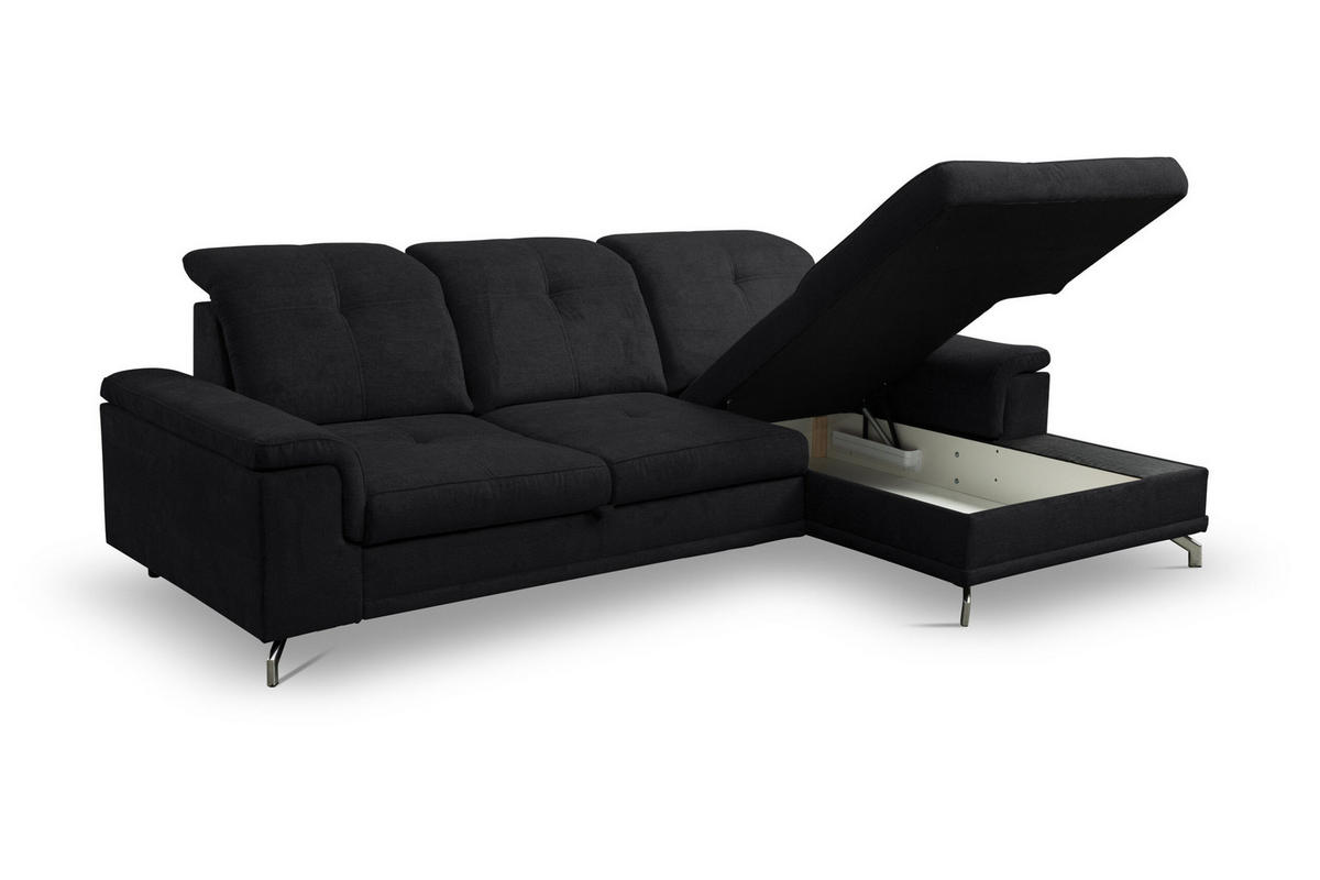 ECKSOFA PANAMA mit Schlaffunktion und Bettkasten, Farbe: Schwarz, Velourstoff, Ottomane Rechts - Schwarz, Textil (270/180cm) - VENASI MÖBEL