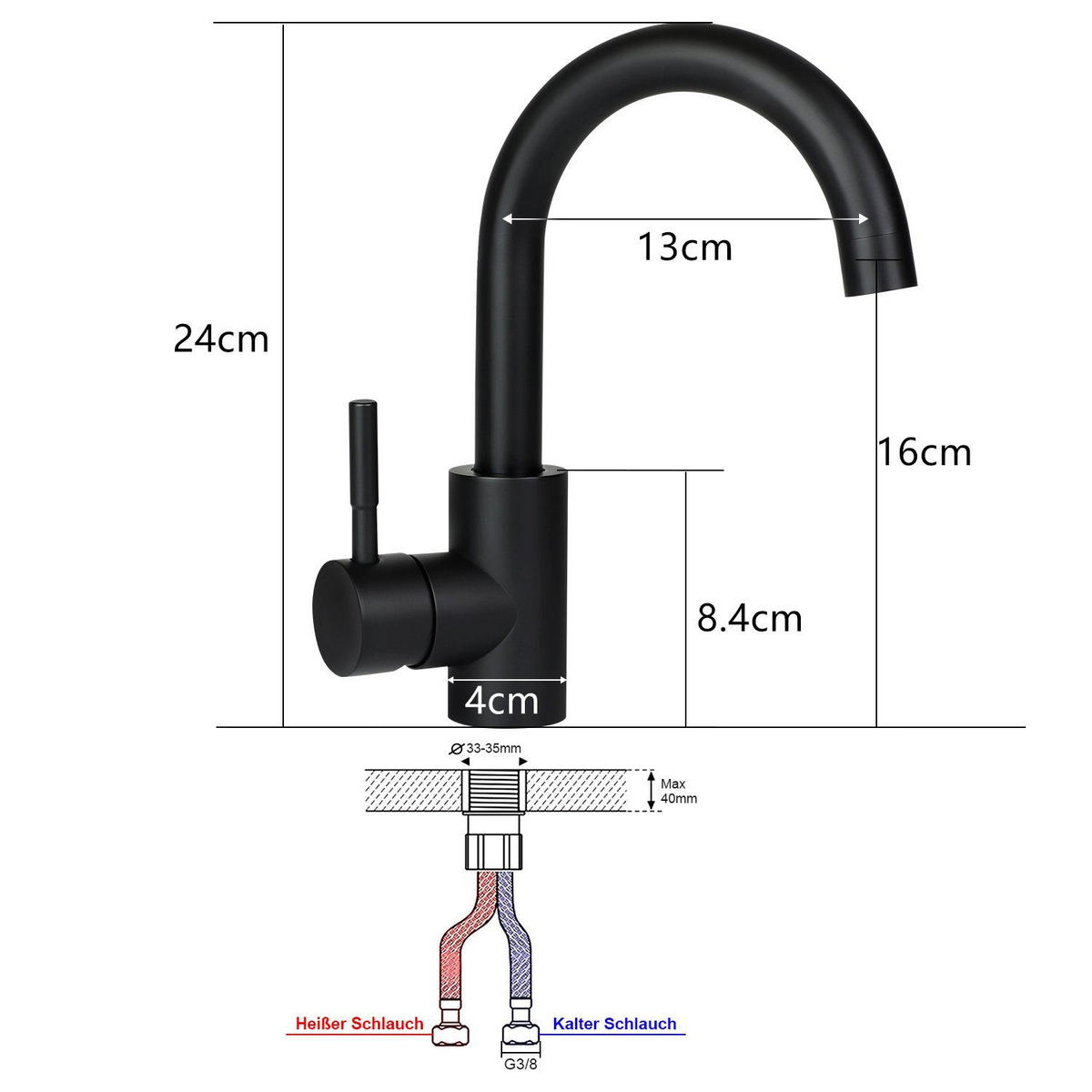 WASCHTISCHARMATUR Flutisf 4/24/13 cm - Schwarz, Metall (4/24/13cm) - ZMH