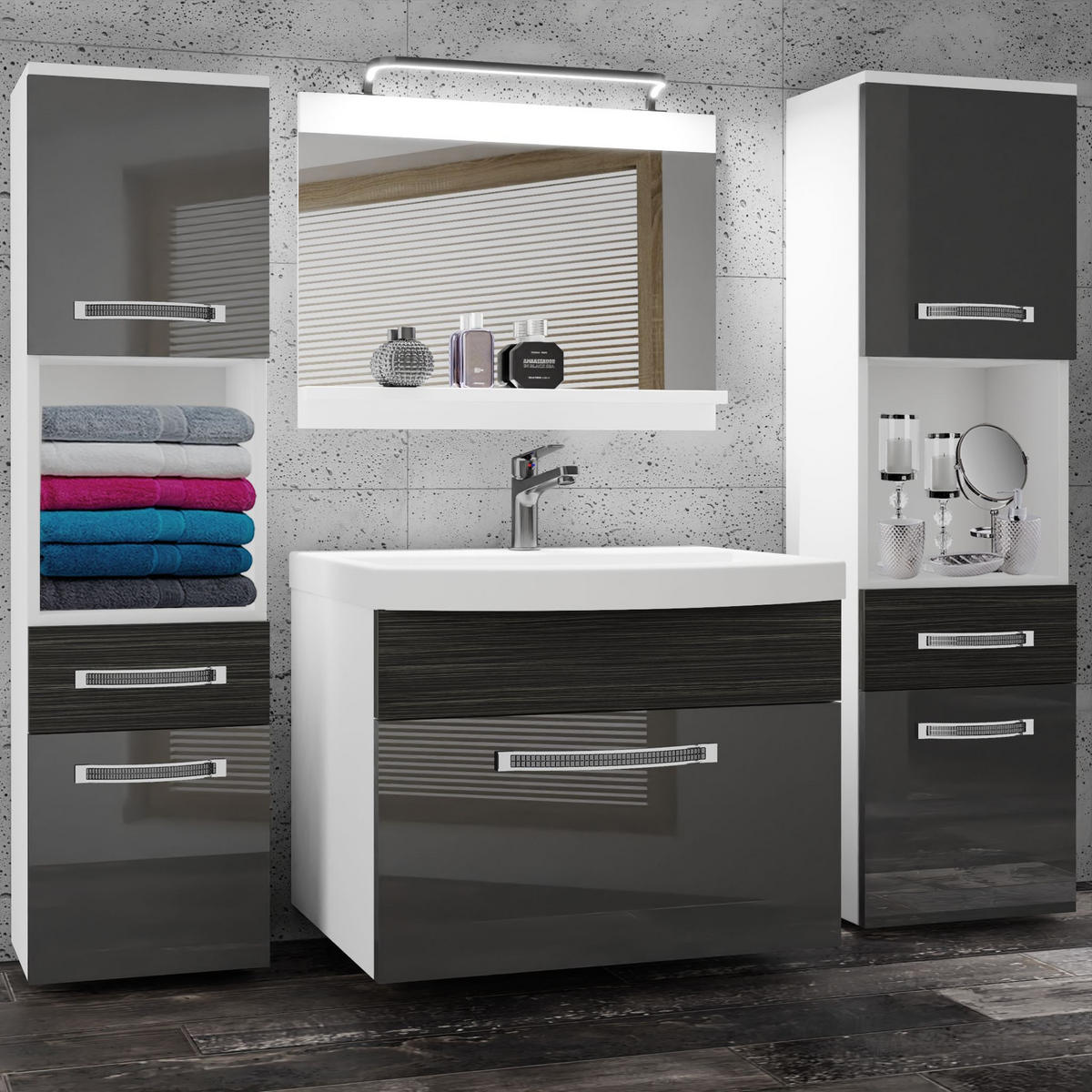 BADMÖBEL Badezimmer Silber Ebenholz Royal Glänzend Matt - Silberfarben, Holz (140/113/40cm) - B BELINI GROUP