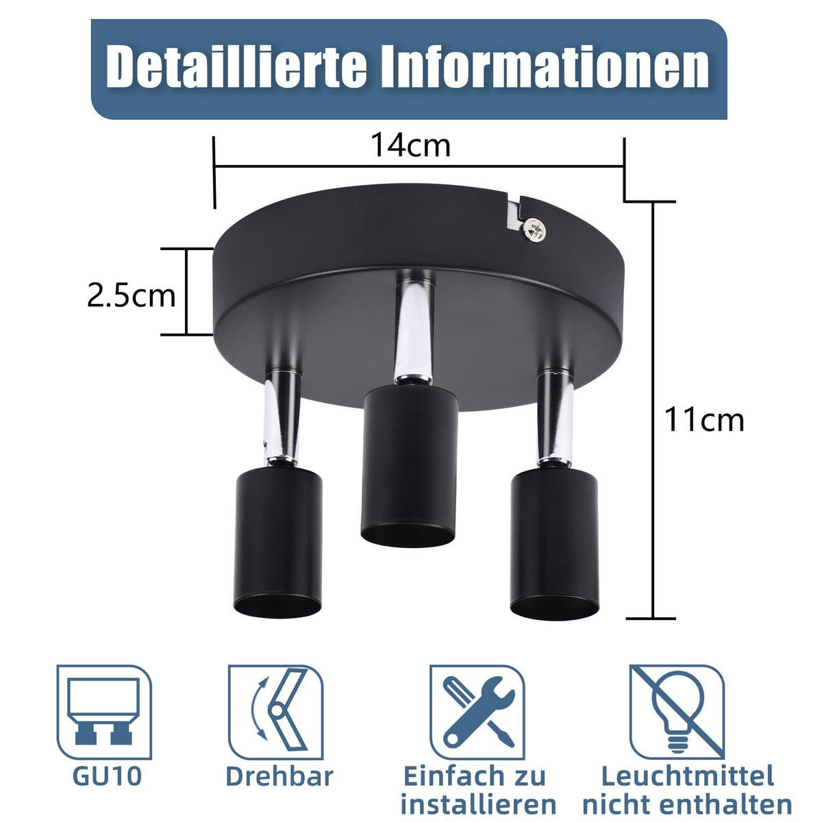 DECKENSTRAHLER Hans 12/12/8cm - Schwarz, Metall (12/12/8cm) - ZMH