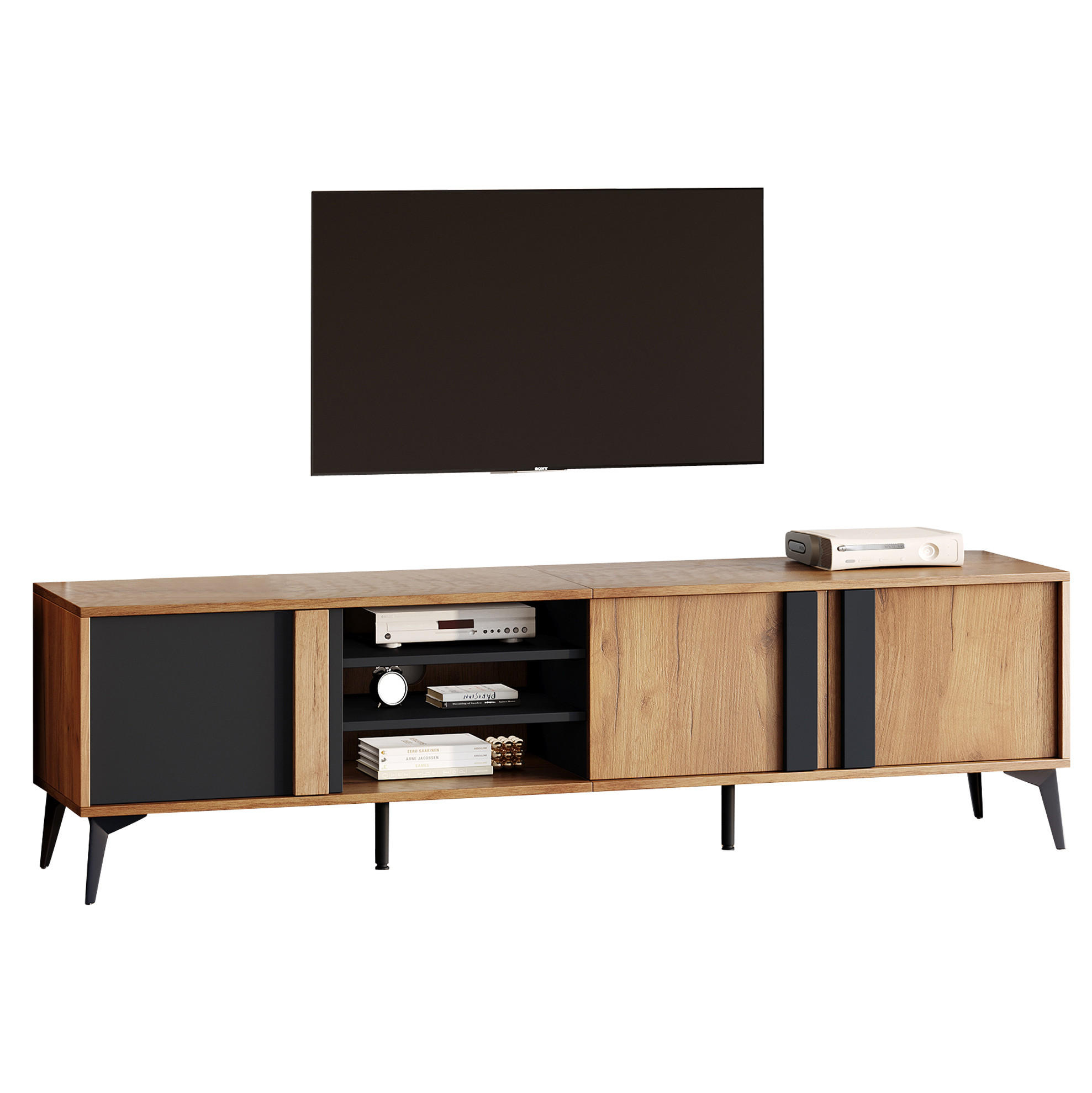 TV-SCHRANK 180/40/50 cm schwarz-braun Spanplatte mit 3 Türen und offenem Fach - Schwarz, Holzwerkstoff (180/50/40cm) - OKWISH