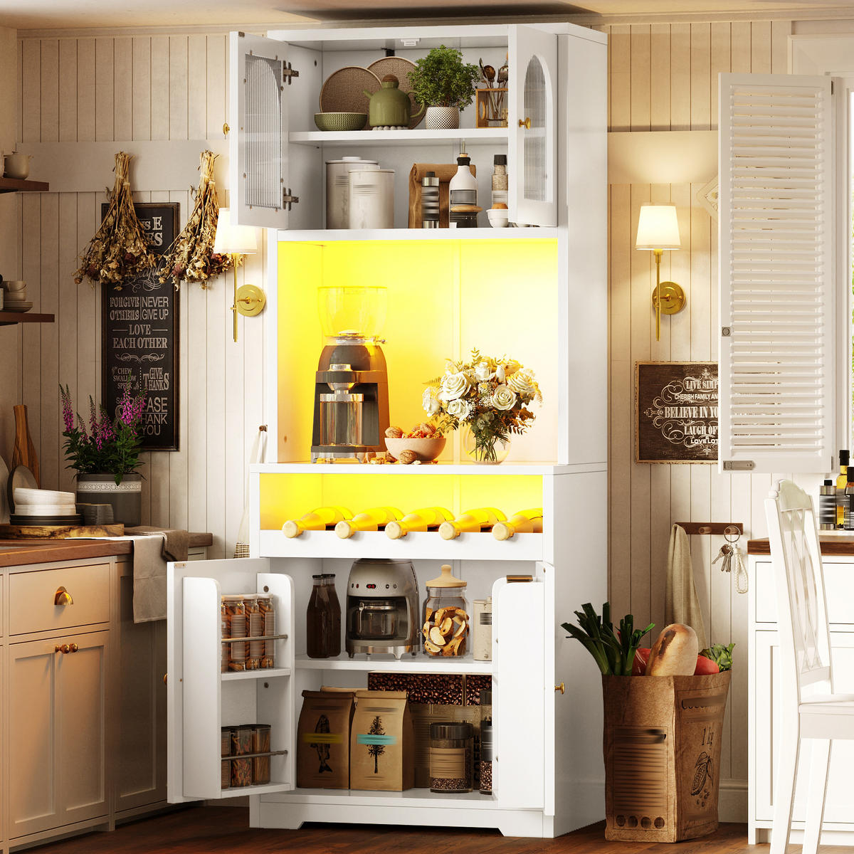 HOCHBUFFETSCHRANK 180cm RGB LED App Glastüren Weinregal Weiß - Weiß, Metall (70/180/38.3cm) - FLIEKS