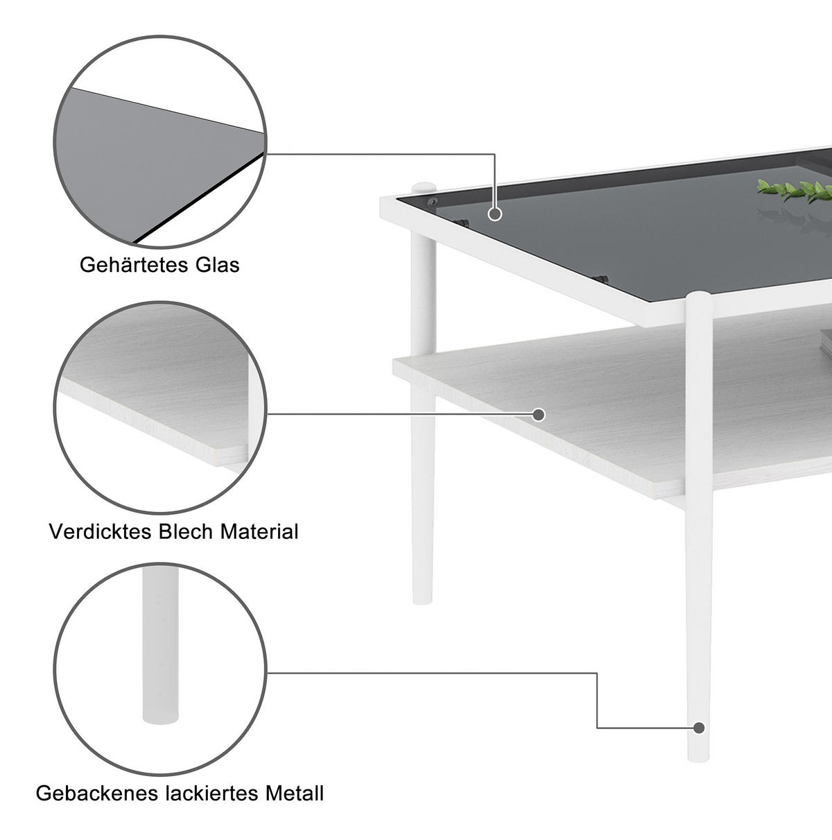 COUCHTISCH 97.5/61.5 cm grau weiß aus MDF und Glas mit Stauraum - Weiß, Glas (97.5/61.5/45cm) - OKMYHOME