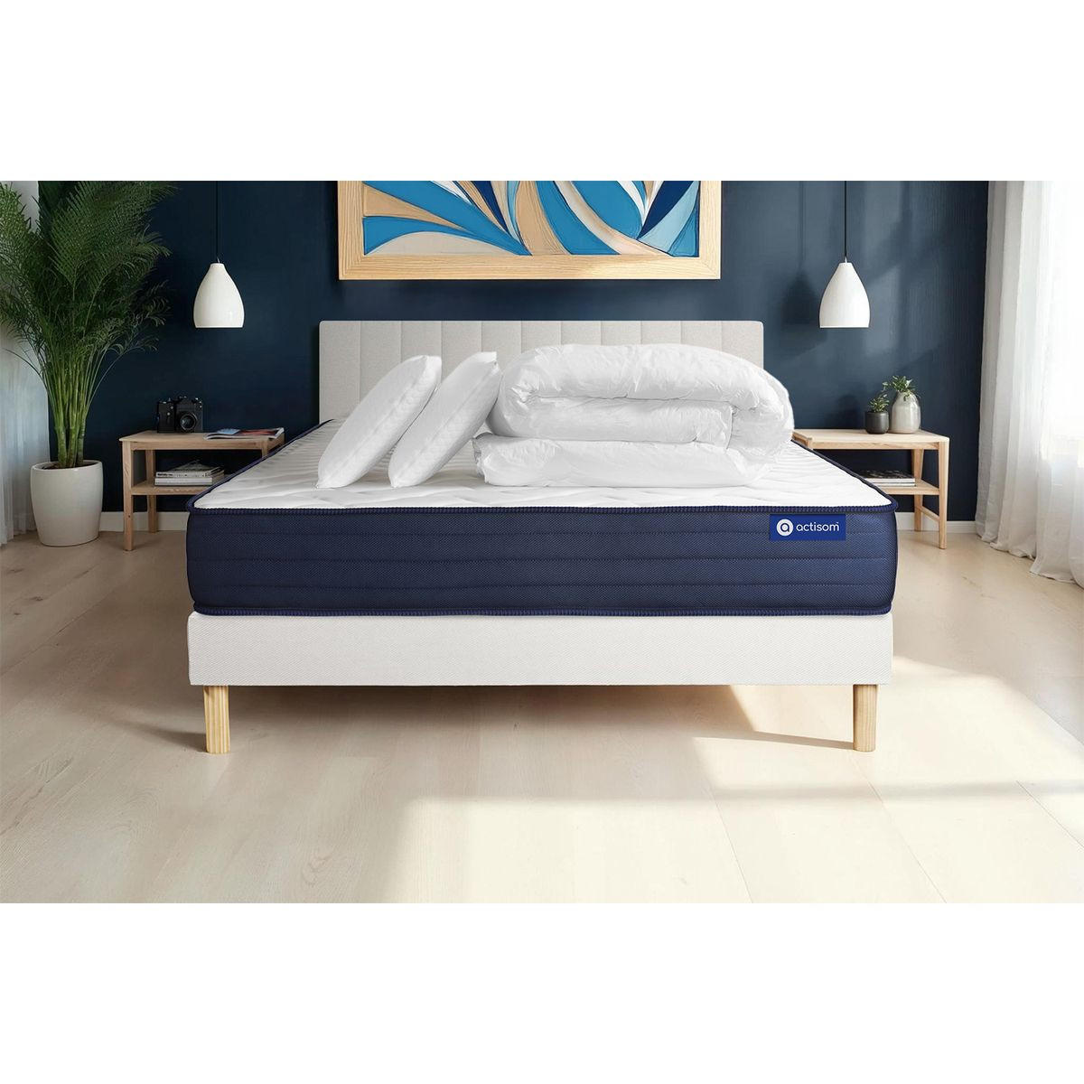 BETT Actiflex life Taschenfederkern und Memory-Schaum 160 x 200 cm h4 - Kit Bettgestell Weiß - Mit Kissen und Bettdecke - Beige/Weiß, Karton/Holz (160/200cm) - ACTISOM
