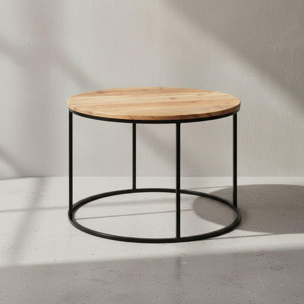COUCHTISCH Naturholz mit stabiler Konstruktion und runder Ablage, Belastbarkeit 50 kg - Beige/Schwarz, Holz/Metall (60/60/43cm) - KADIMA DESIGN