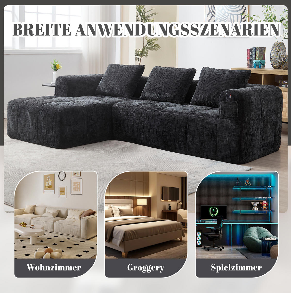 ECKSOFA 250/158/60 cm schwarz aus Chenille mit Chaiselongue - Schwarz, Textil (250/158cm) - OKWISH
