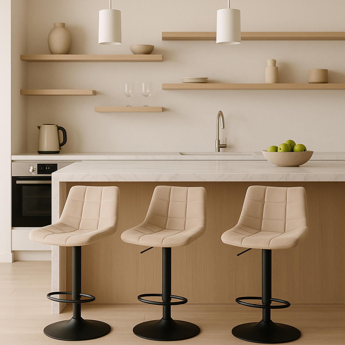 BARHOCKER 2er Set James Samt schwarz creme - Creme/Schwarz, Textil/Metall (43/108.5/46.5cm) - TPFLiving