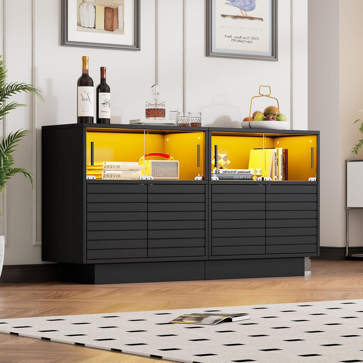 SIDEBOARD LED 2 Türen 4 Fächer Glas 130x35x68cm Stauraum - Schwarz, Holzwerkstoff (35/68/130cm) - FLIEKS