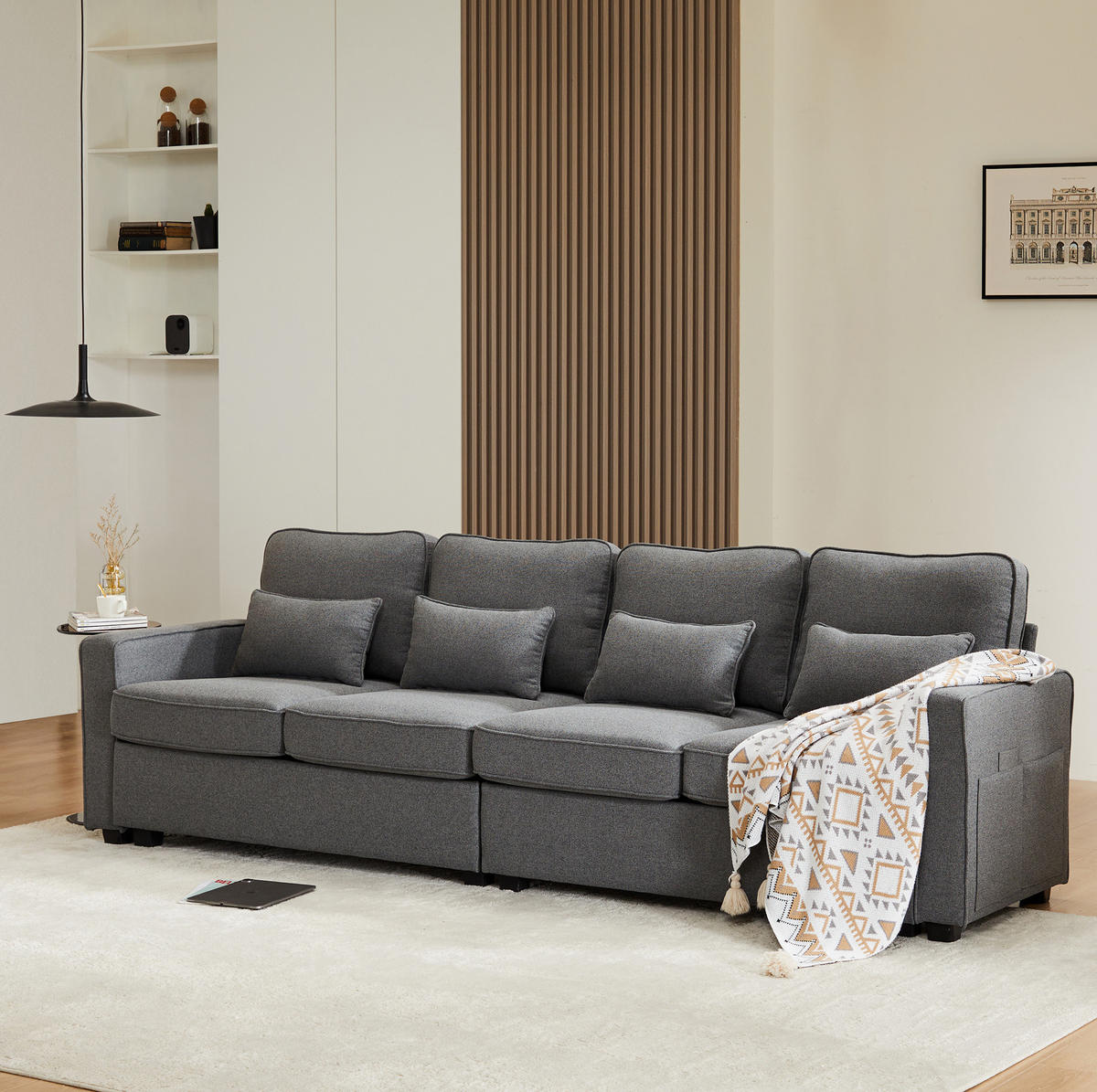 4-SITZER Sofa Leinenstoff mit Armlehnentaschen und 4 Kissen 264/83/87 cm Dunkelgrau - Dunkelgrau, Textil (87/264/83cm) - Redom