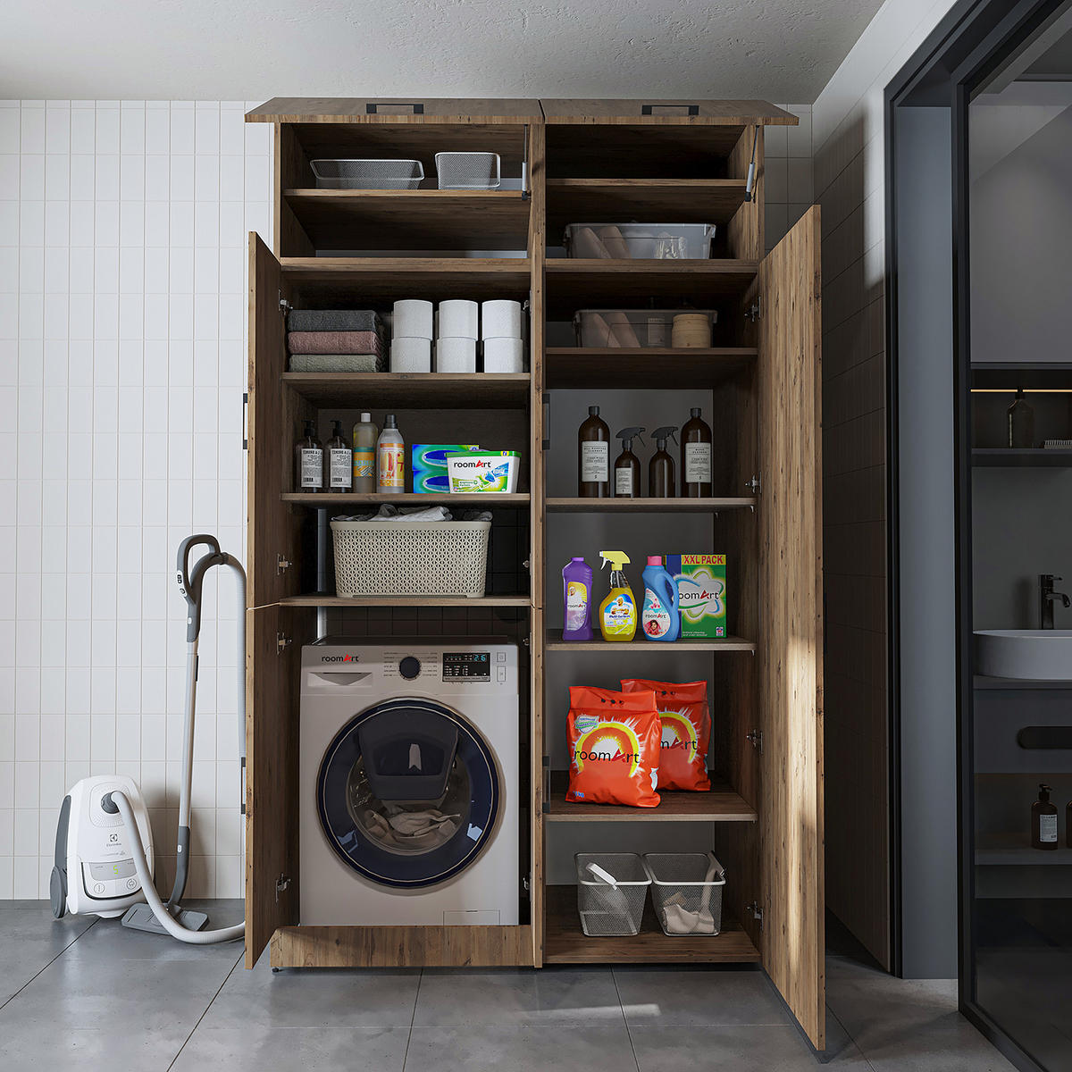 WASCHMASCHINENSCHRANK DORA-II 130cm Breit, 230cm Hoch - Eichefarben, Holzwerkstoff (130/230/73.8cm)