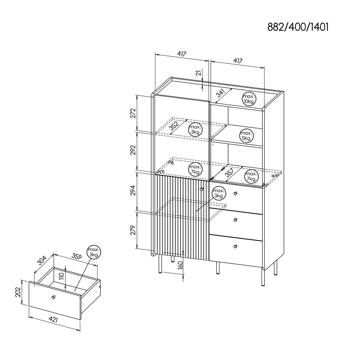 KOMMODE Piano mit 2 Türen und 3 Schubladen, Mattschwarz + Warmia-Nussbaum - Dunkelbraun/Schwarz, Holzwerkstoff (88/140/40cm) - Beautysofa