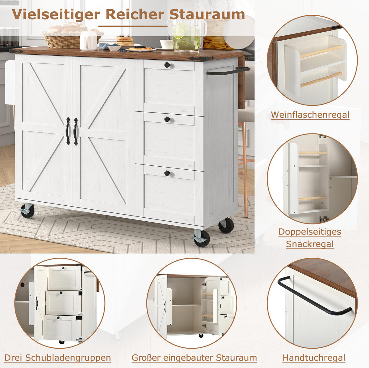 KÜCHENINSEL 140/45/92,5 cm beige mit klappbarer Arbeitsplatte - Weiß, Holzwerkstoff (140/92.5/73cm) - OKWISH