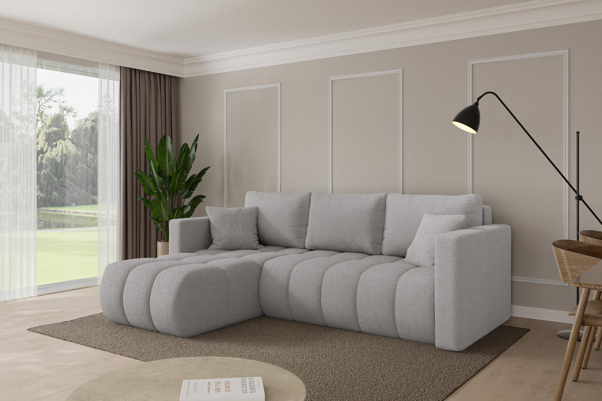 ROHOVÁ SEDAČKA s funkcí spaní, otoman vlevo GARD-L 226x146x85 světle šedá bouclé - černá/stříbrná, kompozitní dřevo/textil (226/146cm) - ALTDECOR