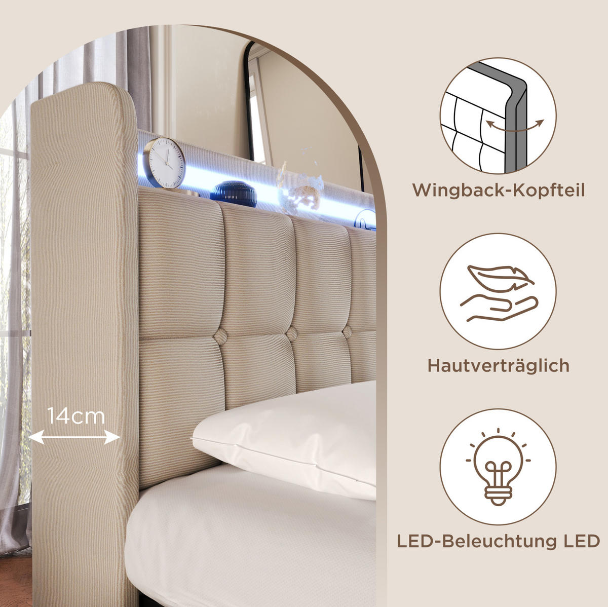 ČALOUNĚNÁ postel 180x200 cm béžová z dřeva s USB nabíjením, LED osvětlením a 4 zásuvkami - béžová, kompozitní dřevo (180/200cm) - OKWISH