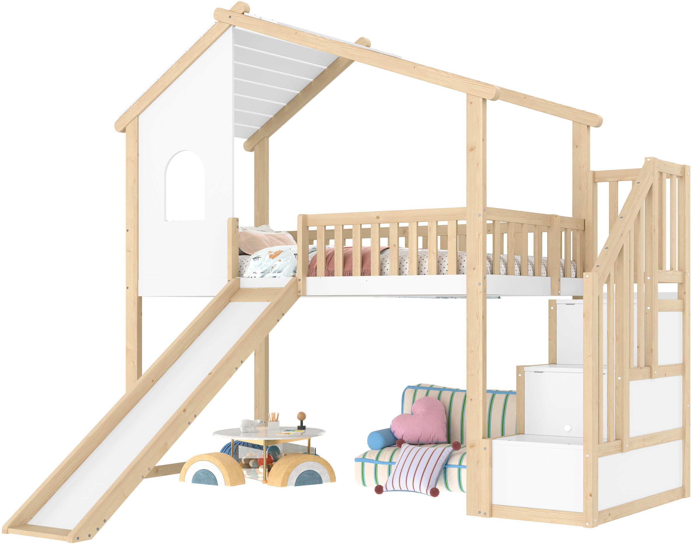HOCHBETT 90/200 cm Natur-Weiß aus Kiefernholz mit Rutsche und Stauraumleiter - Naturfarben, Holzwerkstoff (90/200cm) - OKWISH