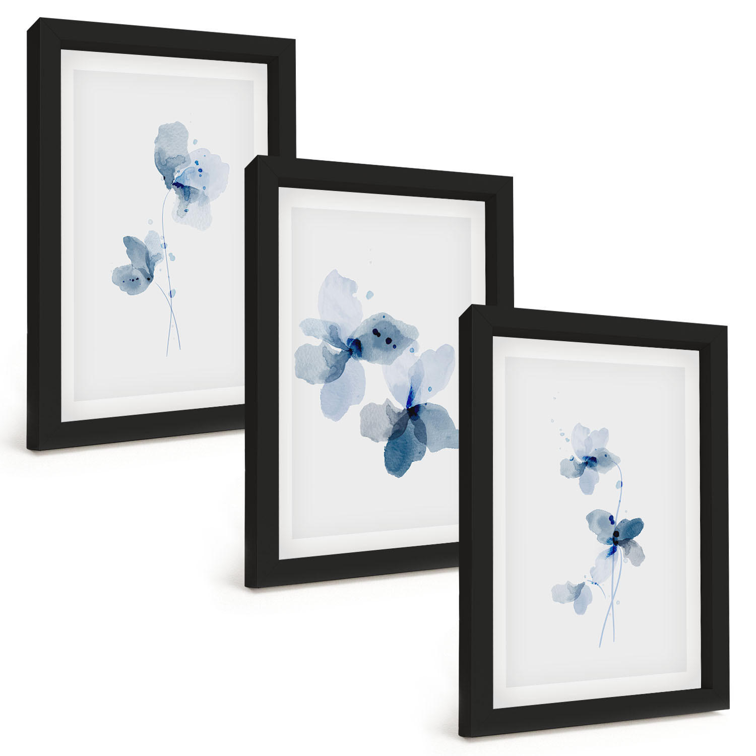 BILDER SET 3er Set - 20x30 cm Schwarzer Rahmen - Blaue Blumen - Schwarz, Kunststoff (20/30cm) - TULUP