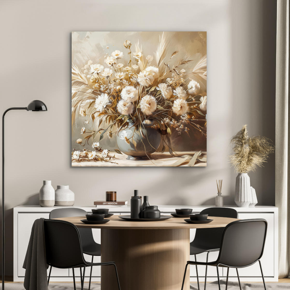 KOVOVÝ OBRAZ Kvety - Váza - Zátišie - Béžová 90x90 cm - krémová, kov (90/90cm) - MuchoWow