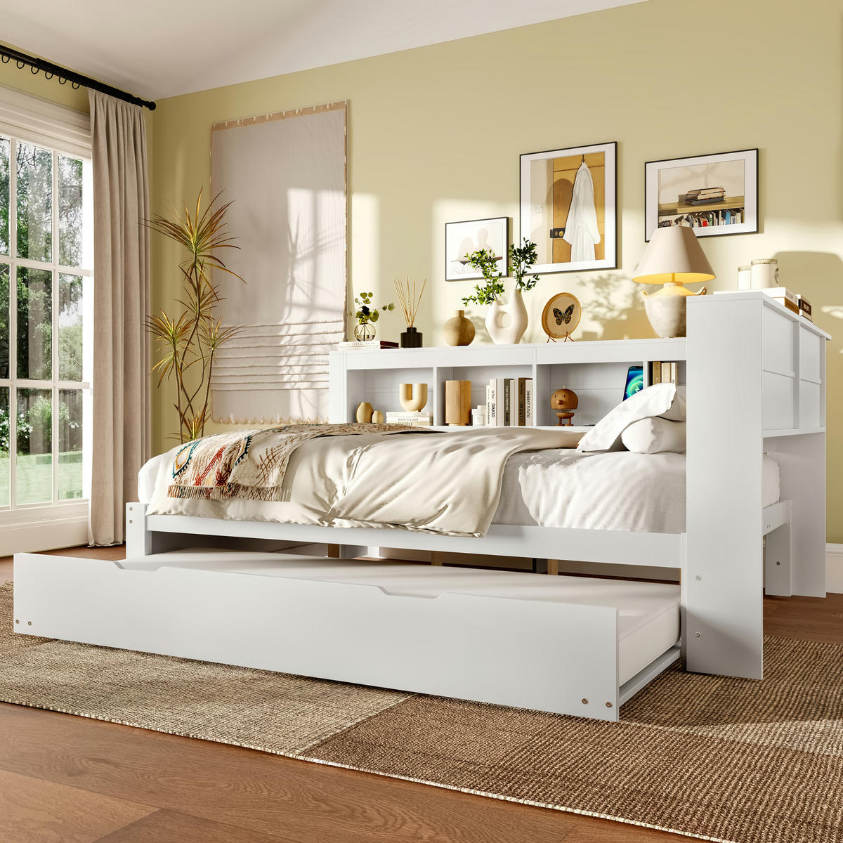 TAGEBETT 140x200cm Weiß Spanplatte Ausziehbett Steckdose USB - Weiß, Holz (140/200cm) - FLIEKS