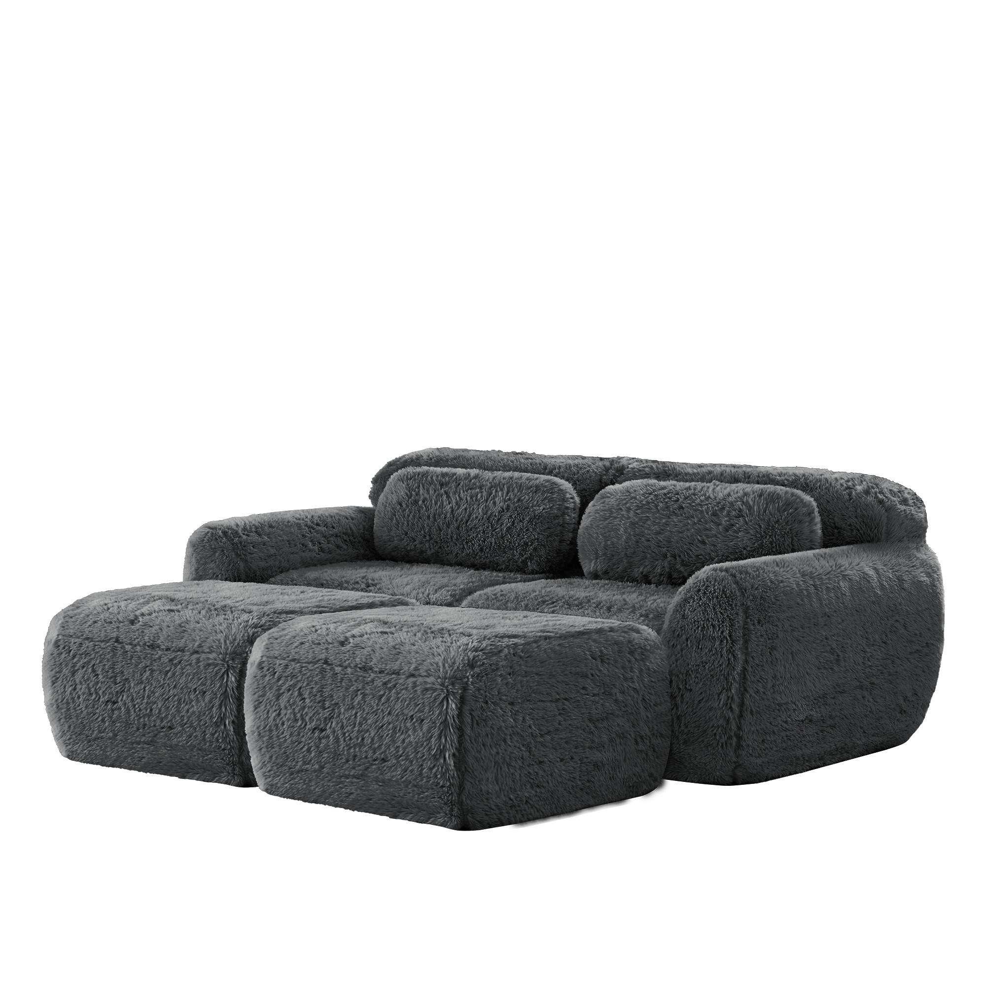 2-SITZER SOFA Plüsch Grau mit 2 Ottomanen - Grau, Textil (204/73/179cm) - WISHDOR