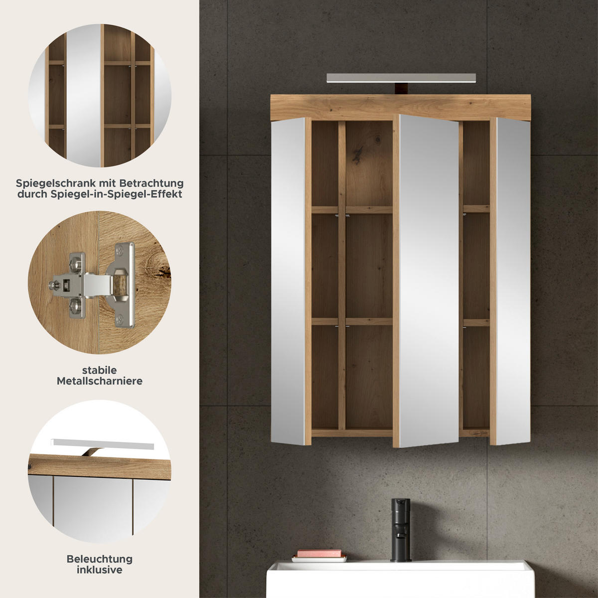 SPIEGELSCHRANK inkl. Bel. SCOUT (B/H/T: ca. 60/79/18 cm) in Artisan Eiche Nachbildung/Spiegelglas - Eiche Artisan, Holzwerkstoff (60/79/18cm)