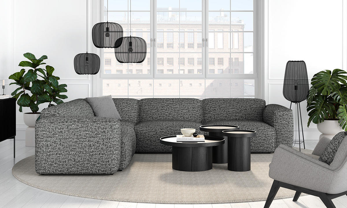 ECKSOFA mit Rundecke - Schwarz/Grau, Kunststoff/Textil (325/260cm) - home24