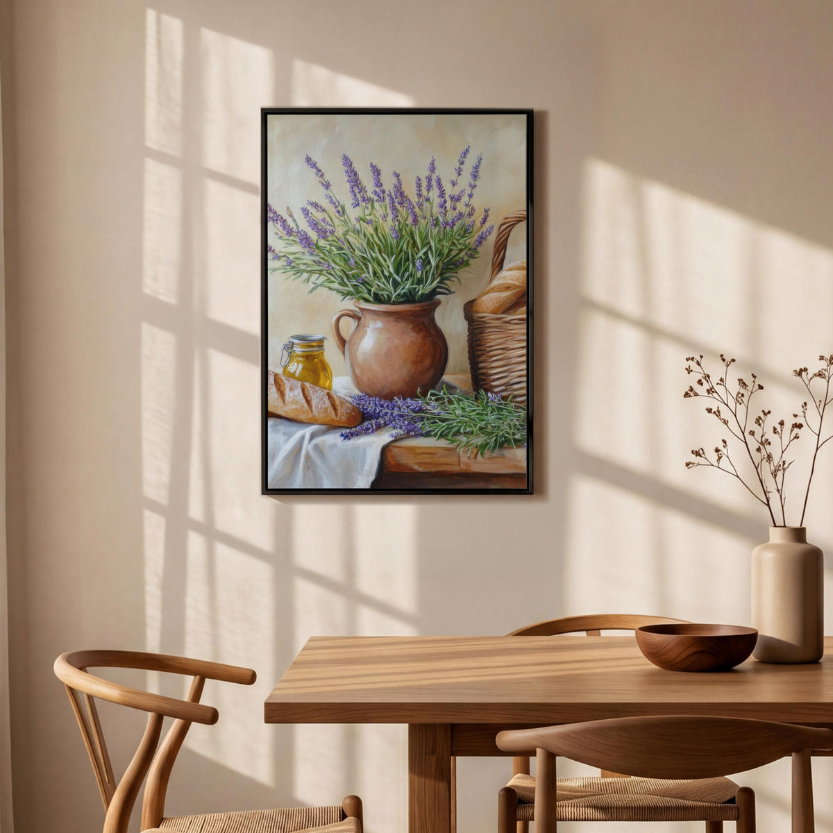LEINWAND Bilder mit Rahmen - Lavendel - Brot - Stilleben - 60x90 - Flieder, Textil (60/90cm) - MuchoWow