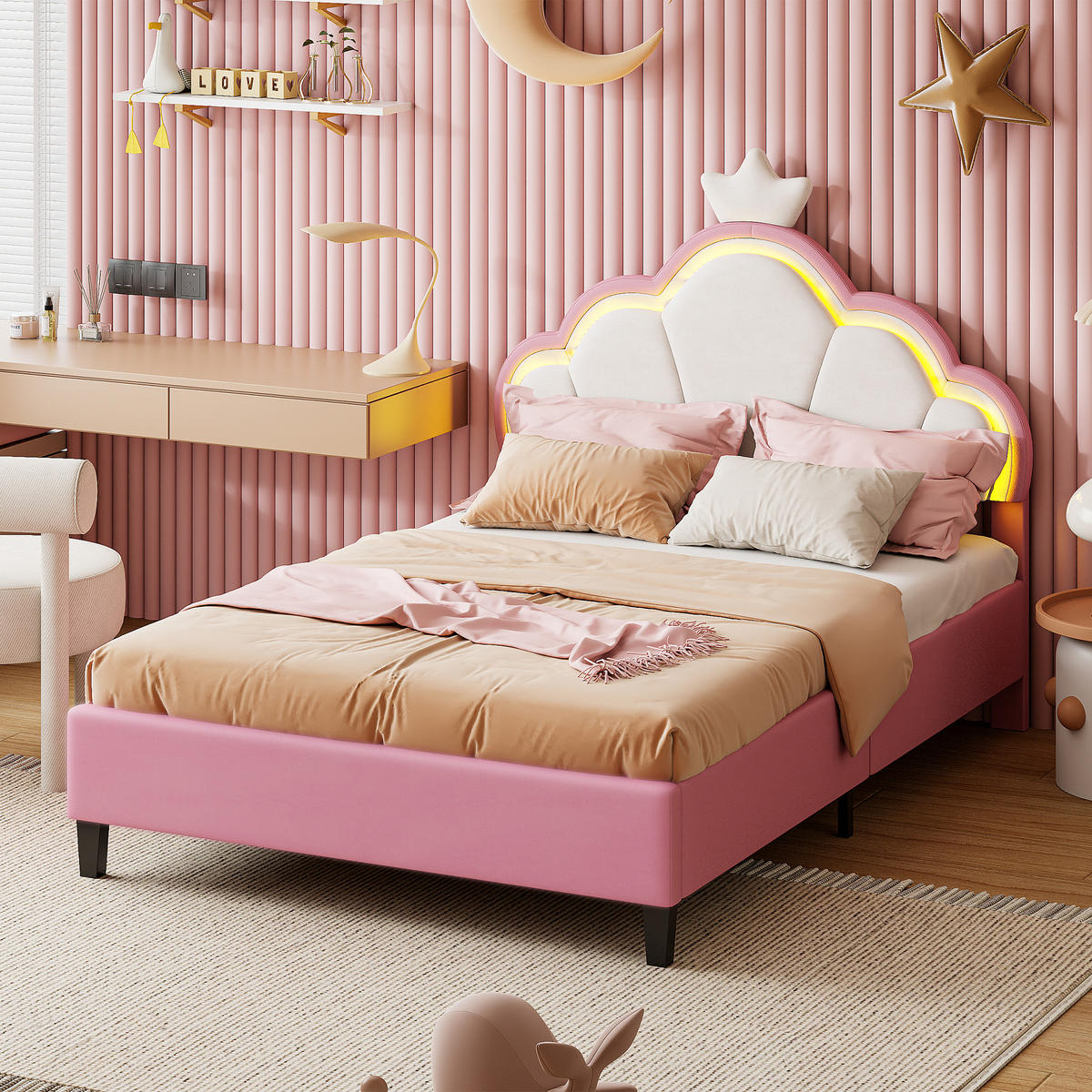 POLSTERBETT 140x200 cm mit höhenverstellbarem Kopfteil & RGB-LED – Doppelbett / Kinderbett für Mädchen, Samt, Rosa - Pink, Holz/Metall (140/200cm) - BursDany