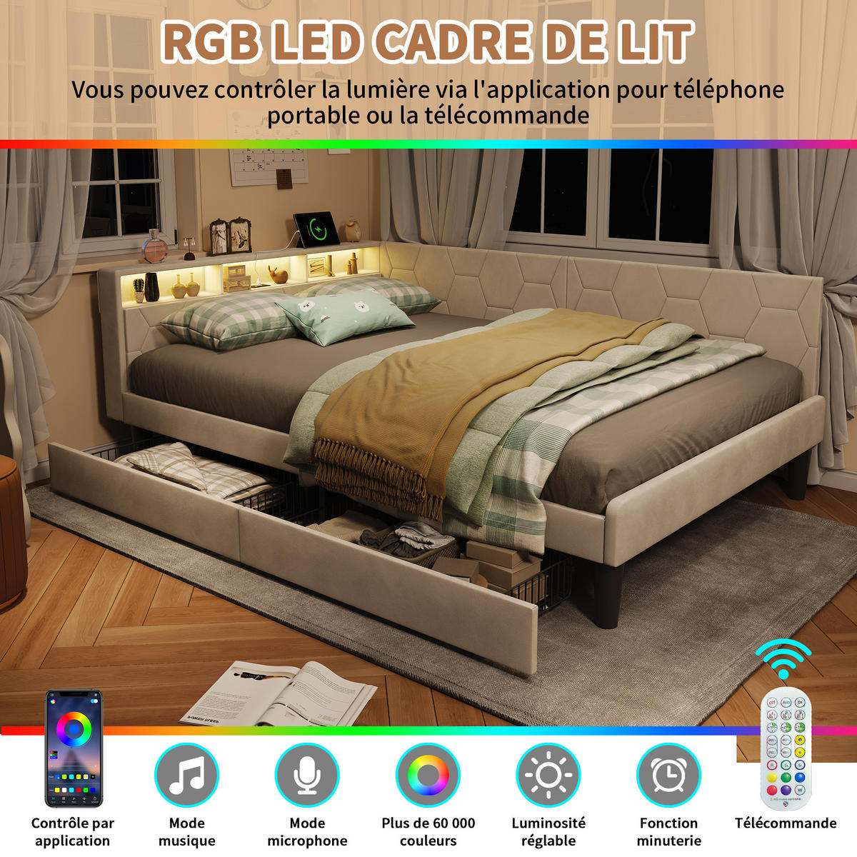 POLSTERBETT 140x200 cm LED USB Schubladen Lattenrost beige - Beige, Holz (140/200cm) - Fortuna Lai