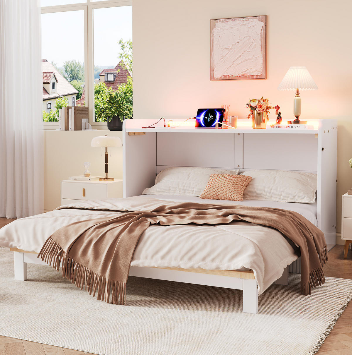 BETT 140/200 cm in Weiß – klappbar mit Stauraum, LED-Beleuchtung und USB - Weiß, Holzwerkstoff (140/200cm) - BEAOK