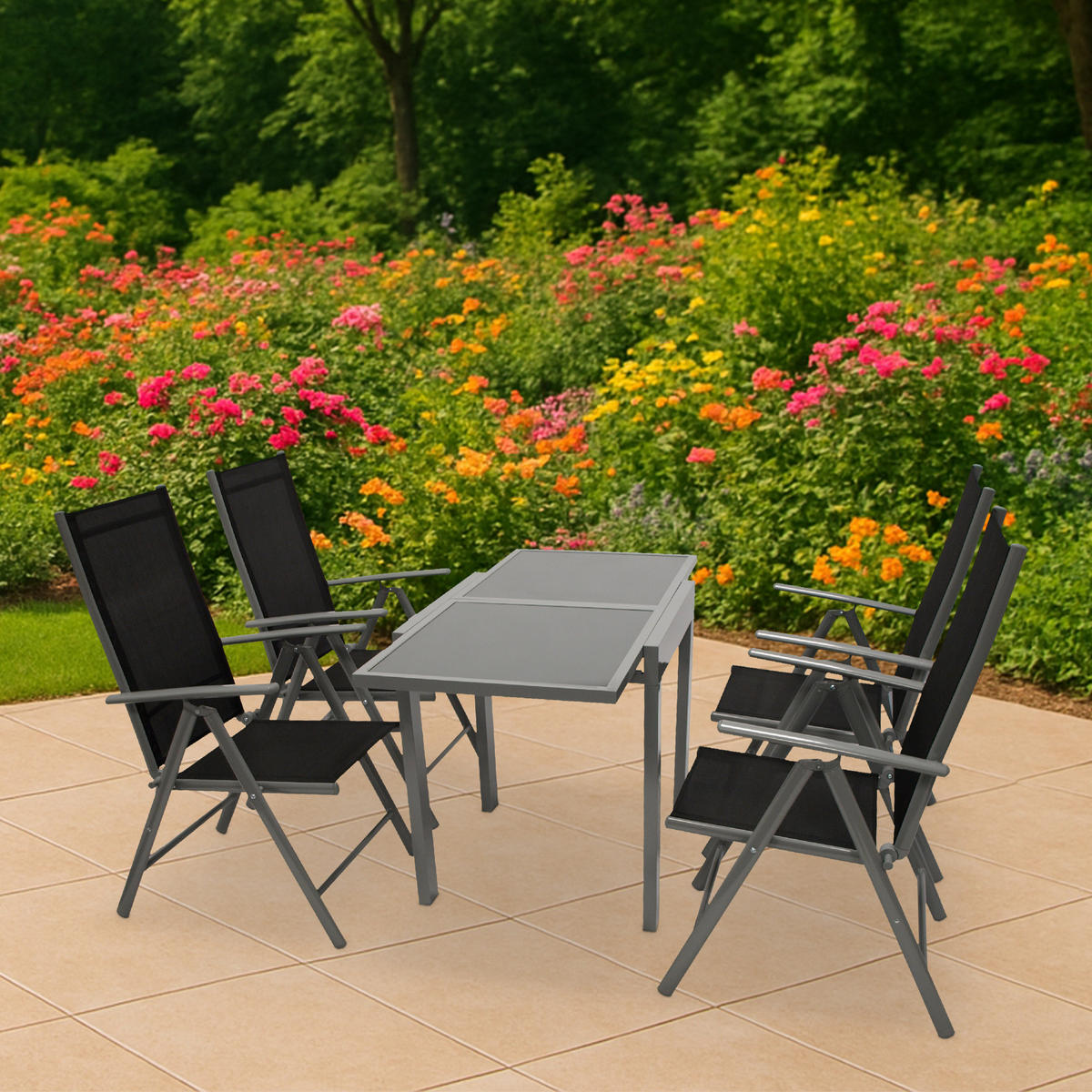 GARTEN-GARNITUR Ashford - 5-teilige Garten-Essgruppe (4x Klappsessel mit Armlehnen, 1x Auszieh-Tisch 65/130x65cm), Gestell Aluminium - Schwarz, Metall - TPFGarden