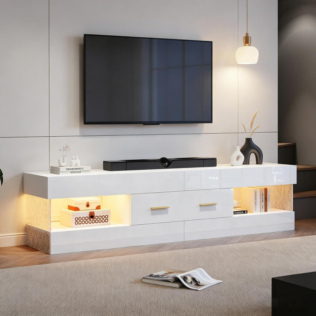 TV-ELEMENT 152/35/40 cm Weiß mit LED-Beleuchtung, Schubladen und Acrylglasplatte - Weiß, Holzwerkstoff (35/40/152cm) - Korfee