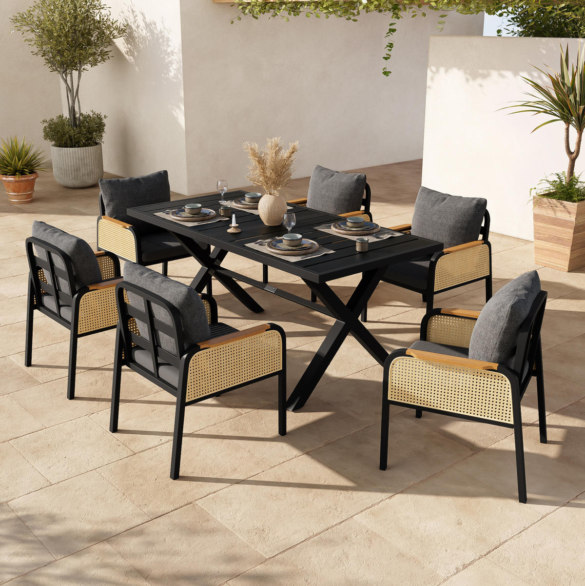 GARTENMÖBELSET 7-tlg. mit Tisch und 6 Stühlen Schwarz/Natur - Schwarz, Metall - Beauniv