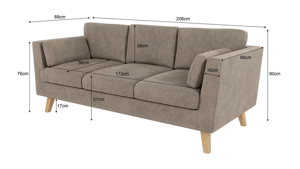 3-SITZER-SOFA Mario Dunkelbeige Microfaser - Hellbraun/Beige, Holz/Buchenholz (206/90/89cm) - S-Style Möbel