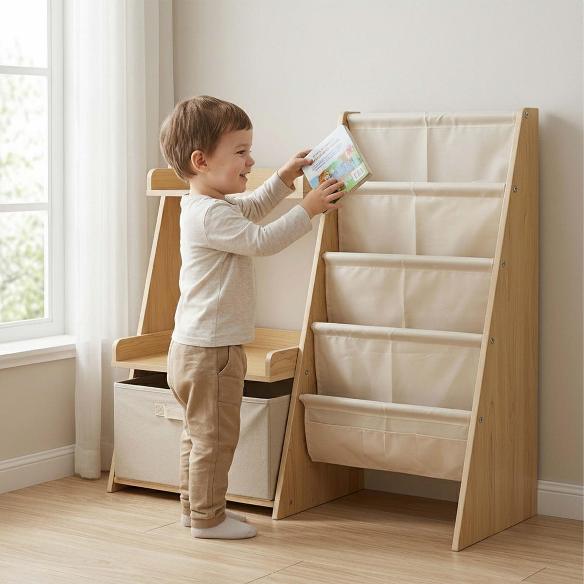 BIBLIOTECĂ Natur Alb Copii Buzunare din material textil Cutie pentru jucării - multicolor, compozit lemnos/material textil (84.5/80/34.5cm) - Relaxdays