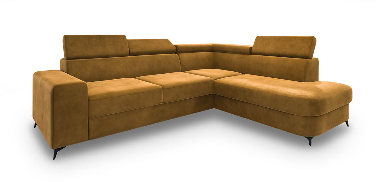 ECKSOFA ALVORO R-S Gelb Velours-Stoff mit Schlaffunktion - Gelb, Holz (253/190cm) - MASSENO