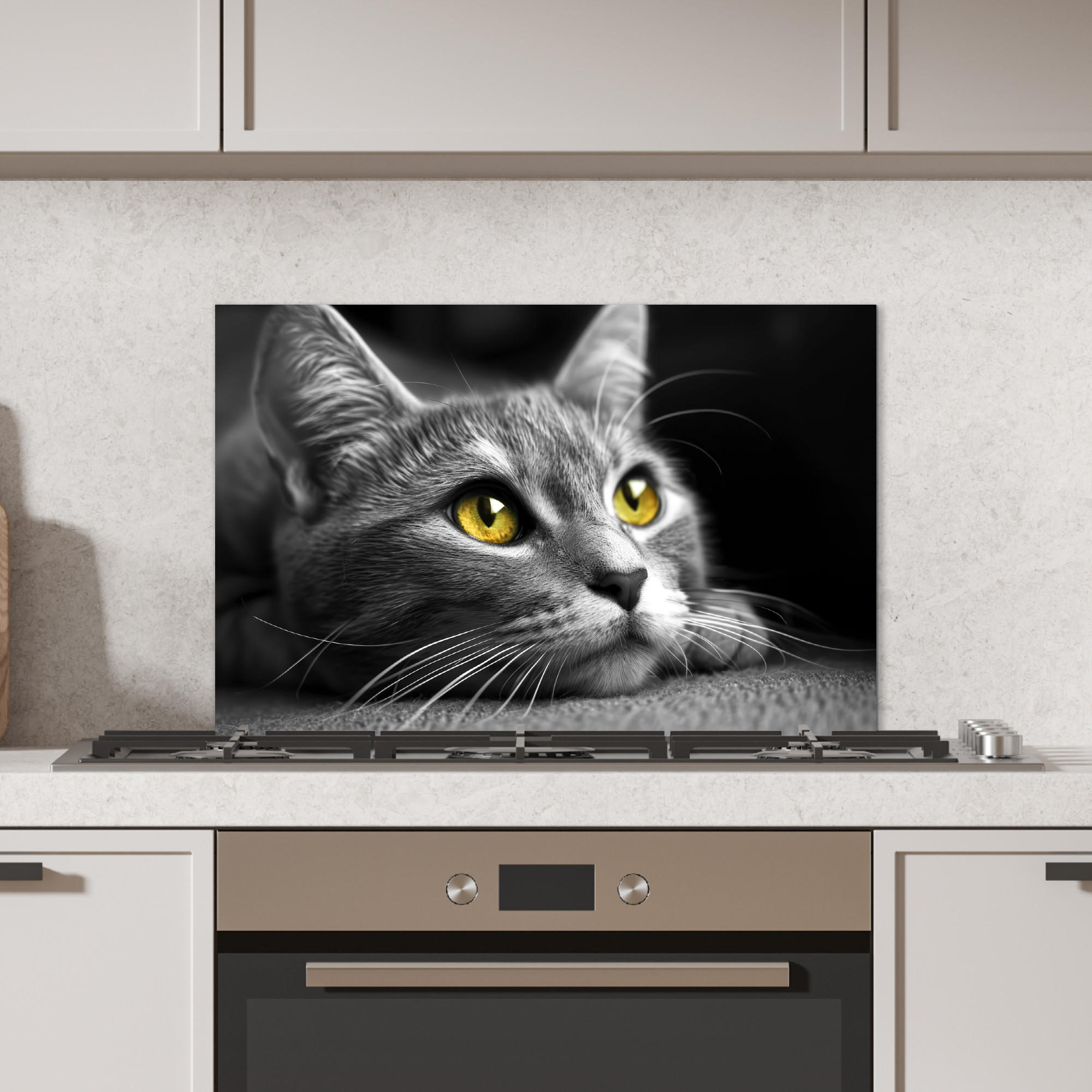 SPRITZSCHUTZ KÜCHE Katze - Grau - Tiere - Katze 60x40 cm - Grau, Metall (60/0.3/40cm) - MuchoWow