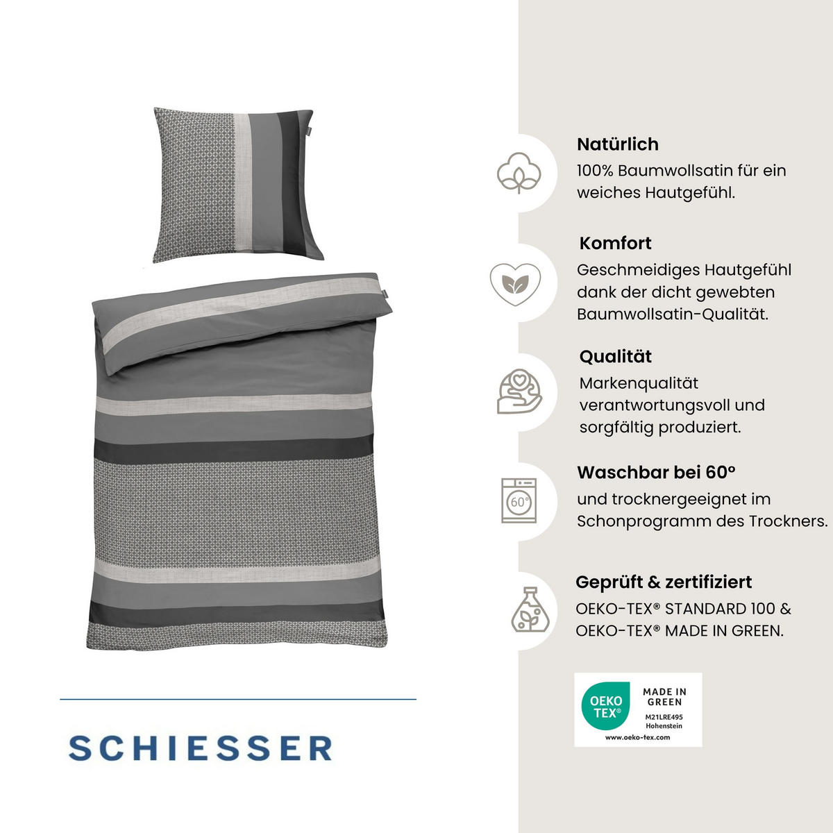 BETTWÄSCHESET Dion - Baumwollsatin - 2-teilig - 135x200 cm - Grau - Grau, Textil (135/200cm) - SCHIESSER