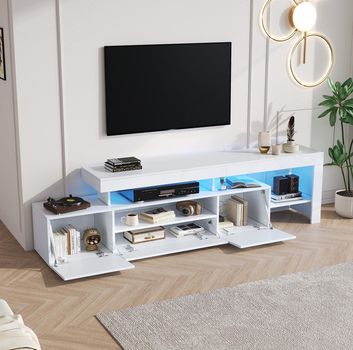 TV-LOWBOARD aus Spanplatte 192x37x53 cm Weiß mit LED-Beleuchtung für Fernseher bis 85 Zoll - Weiß, Holzwerkstoff (192/53/37cm) - IVMEU
