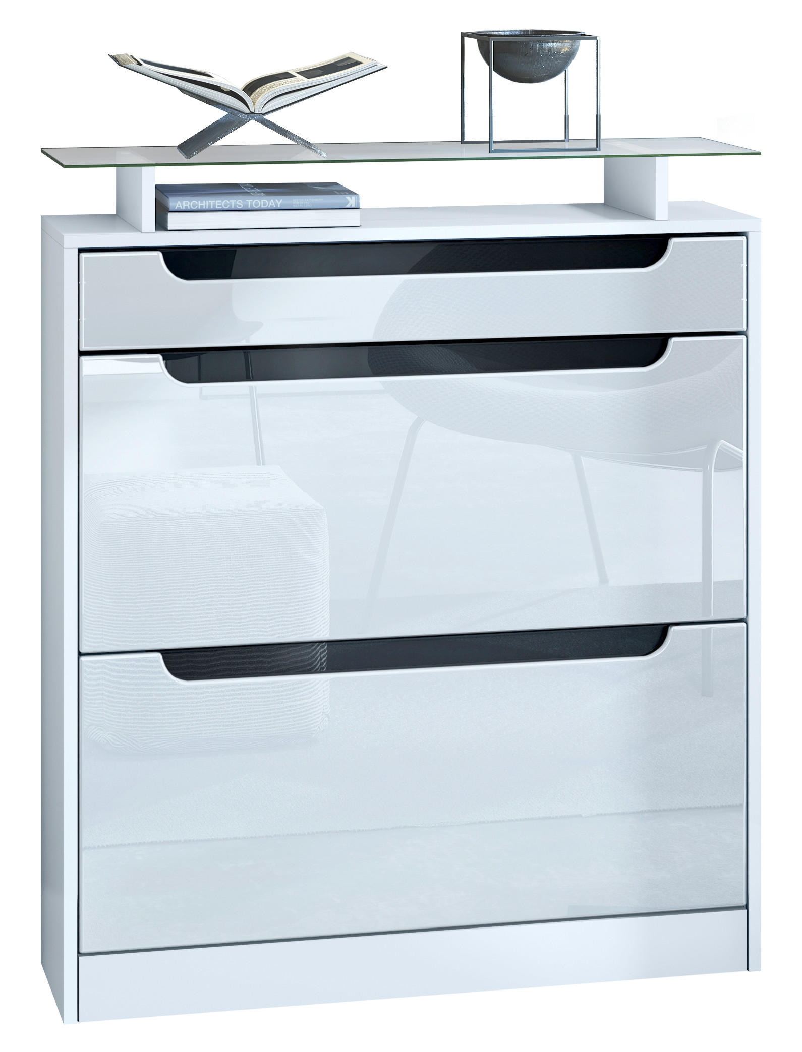 Vladon Schuhschrank Weiß Hochglanz 89x104x23 cm