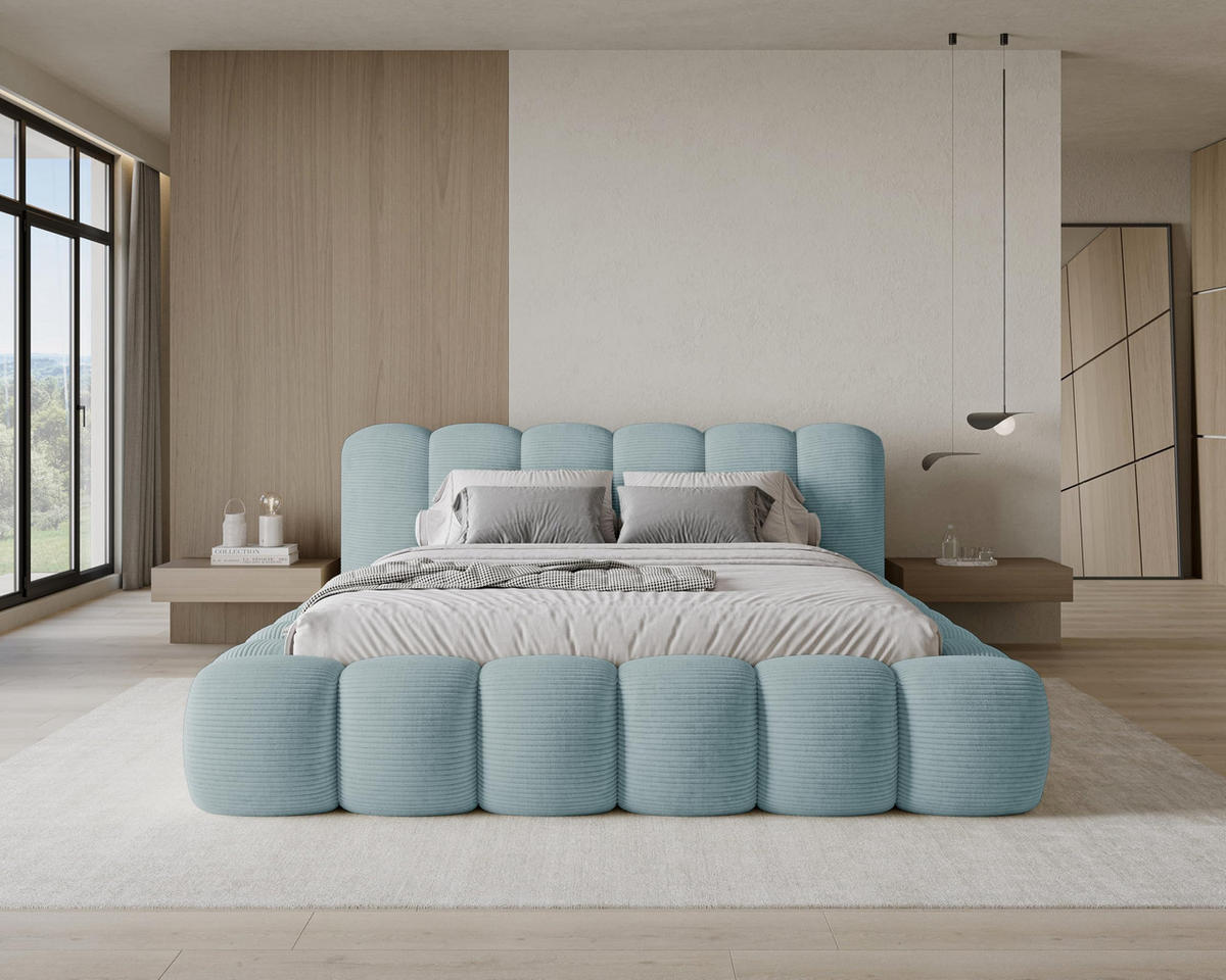 POLSTERBETT 200x200 mit Bettkasten, Lattenrost und Kopfteil, Poso Cord-Stoffbezug Türkis - Türkis, Holz (200/200cm) - Chilly